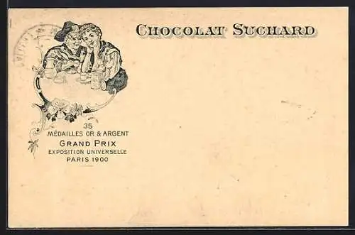 AK Grand Prix Paris 1900, Ein Paar mit Chocolat-Suchard, 35 Mèdailles Or & Argent