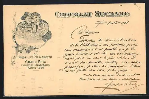 AK Grand Prix Paris 1900, Ein Paar mit Chocolat-Suchard, 35 Mèdailles Or & Argent