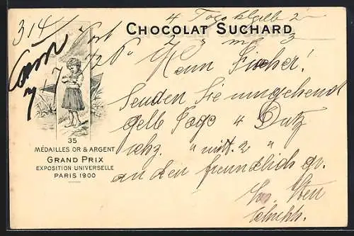 AK Grand Prix Paris 1900, Ein Mädchen mit Chocolat-Suchard, 35 Mèdailles Or & Argent