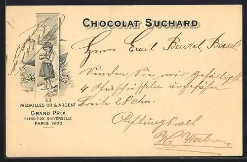 AK Grand Prix Paris 1900, Ein Mädchen mit Chocolat-Suchard, 35 Mèdailles Or & Argent