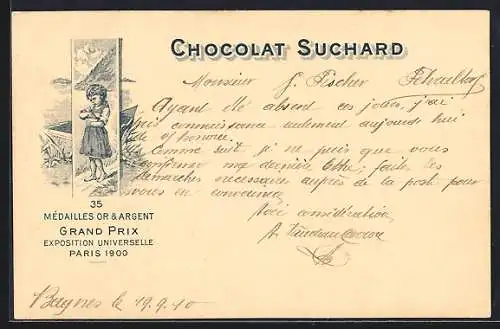 AK Grand Prix Paris 1900, Ein Mädchen mit Chocolat-Suchard, 35 Mèdailles Or & Argent