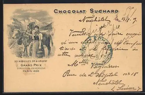 AK Grand Prix Paris 1900, Bauern mit Milchkuh für Chocolat-Suchard, 33 Mèdailles Or & Argent