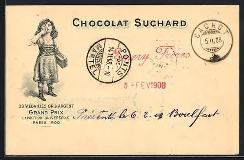 AK Grand Prix Paris 1900, Mädchen mit Chocolat-Suchard, 33 Mèdailles Or & Argent