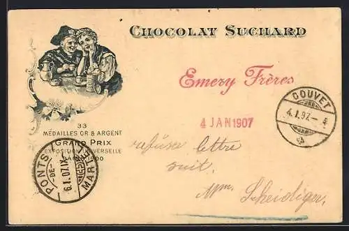 AK Grand Prix Paris 1900, Junges Paar trinkt Chocolat-Suchard, 33 Mèdailles Or & Argent