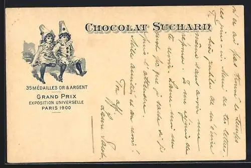 AK Grand Prix Paris 1900, Chocolat-Suchard, 35 Mèdailles Or & Argent, Kinder im Clown-Kostüm