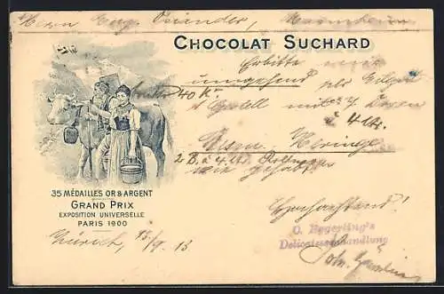 AK Grand Prix Paris 1900, Bauern mit Milchkuh für Chocolat-Suchard, 35 Mèdailles Or & Argent