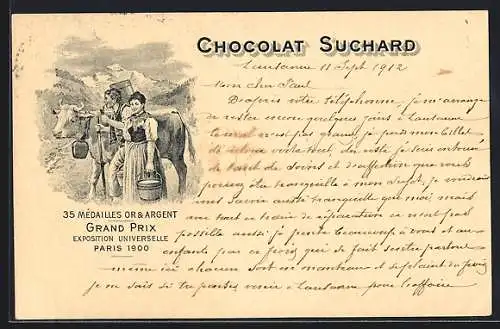 AK Grand Prix Paris 1900, Bauern mit Milchkuh für Chocolat-Suchard, 35 Mèdailles Or & Argent