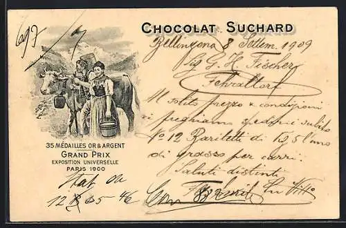 AK Grand Prix Paris 1900, Bauern mit Milchkuh für Chocolat-Suchard, 35 Mèdailles Or & Argent