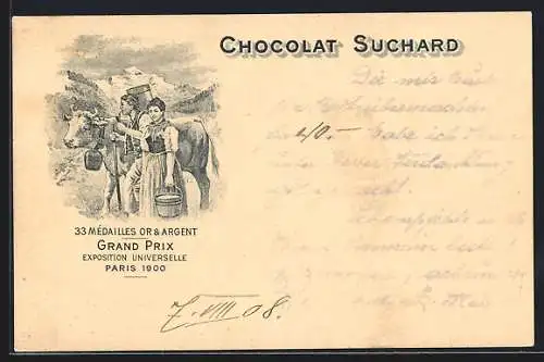 AK Grand Prix Paris 1900, Bauern mit Milchkuh für Chocolat-Suchard, 33 Mèdailles Or & Argent