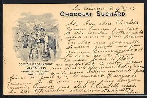 AK Grand Prix Paris 1900, Bauern mit Milchkuh für Chocolat-Suchard, 35 Mèdailles Or & Argent