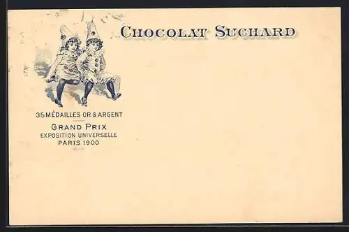 AK Grand Prix Paris 1900, Chocolat-Suchard, 35 Mèdailles Or & Argent, Kinder im Clown-Kostüm