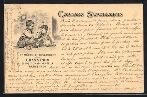 AK Grand Prix Paris 1900, Chocolat-Suchard, 33 Mèdailles Or & Argent, Junge füttert Bruder mit Kakao