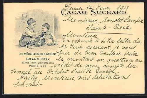 AK Grand Prix Paris 1900, Chocolat-Suchard, 35 Mèdailles Or & Argent, Junge füttert Bruder mit Kakao