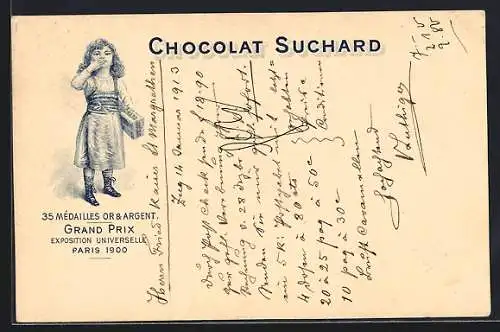 AK Grand Prix Paris 1900, Chocolat-Suchard, 35 Mèdailles Or & Argent, Mädchen mit Kakao