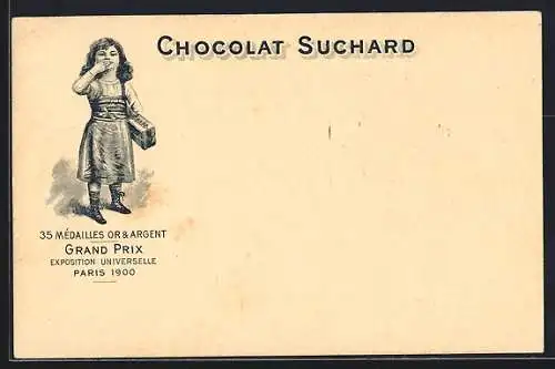 AK Grand Prix Paris 1900, Chocolat-Suchard, 35 Mèdailles Or & Argent, Junge Mädchen trinkt Kakao