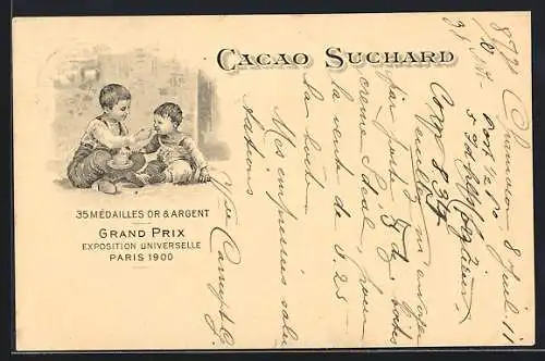 AK Grand Prix Paris 1900, Chocolat-Suchard, 35 Mèdailles Or & Argent, Junge füttert Bruder mit Kakao