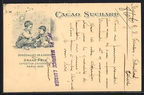 AK Grand Prix Paris 1900, Chocolat-Suchard, 35 Mèdailles Or & Argent, Junge füttert Bruder mit Kakao