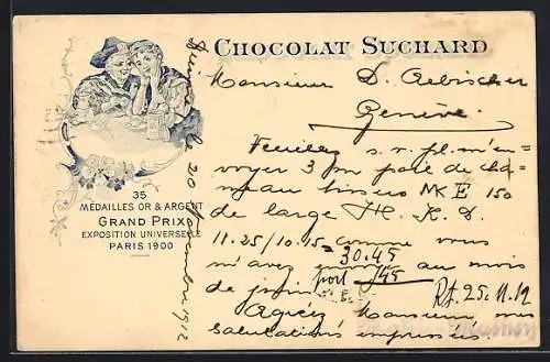 AK Grand Prix Paris 1900, Chocolat-Suchard, 35 Mèdailles Or & Argent, ein Paar trinkt Kakao