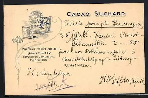 AK Grand Prix Paris 1900, Cacao Suchard, 35 Mèdailles Or & Argent, Kind trinkt Kakao