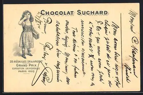 AK Grand Prix Paris 1900, Chocolat-Suchard, 35 Mèdailles Or & Argent, Mädchenr mit Kakao