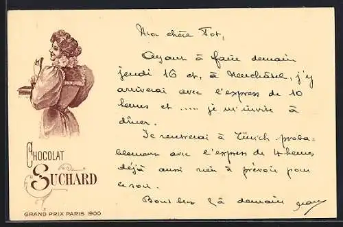 AK Grand Prix Paris 1900, Chocolat-Suchard, Junge Frau verzehrt Konfekt aus Kakao