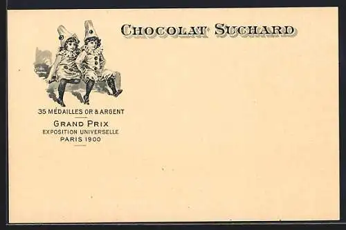 AK Grand Prix Paris 1900, Chocolat-Suchard, 35 Mèdailles Or & Argent, Kinder im Clown-Kostüm