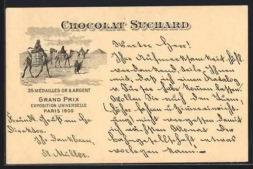 AK Grand Prix Paris 1900, Chocolat-Suchard, 35 Mèdailles Or & Argent, Kamele mit Suchard