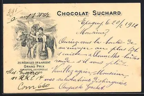 AK Grand Prix Paris 1900, Bauern mit Milchkuh für Chocolat-Suchard, 35 Mèdailles Or & Argent