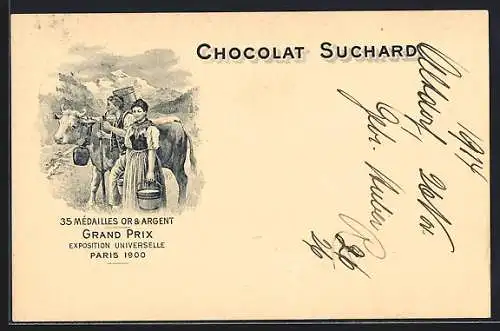 AK Grand Prix Paris 1900, Bauern mit Milchkuh für Chocolat-Suchard, 35 Mèdailles Or & Argent