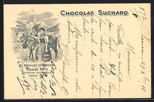 AK Grand Prix Paris 1900, Bauern mit Milchkuh für Chocolat-Suchard, 35 Mèdailles Or & Argent