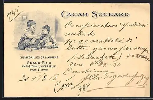 AK Grand Prix Paris 1900, Chocolat-Suchard, 35 Mèdailles Or & Argent, Junge füttert Bruder mit Kakao