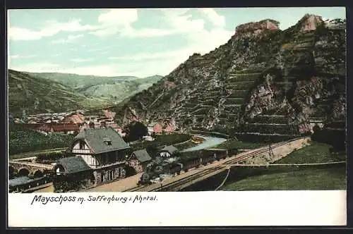 AK Mayschoss, Bahnhof und Eisenbahn, Schaffenburg im Ahrtal