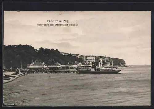 AK Sassnitz a. Rüg., Seebrücke mit Dampfjacht Sassnitz