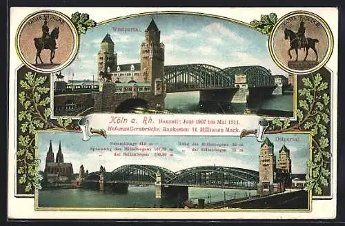 AK Köln a. Rh., Ostportal und Westportal der Hohenzollernbrücke