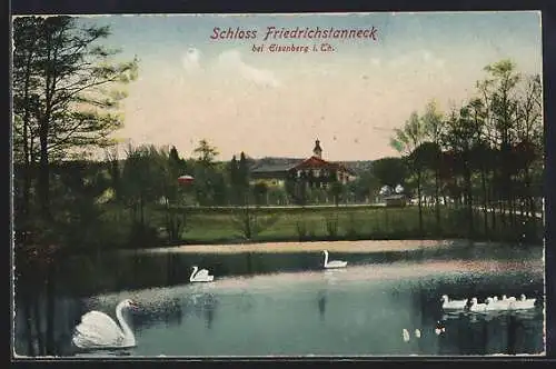 AK Friedrichstanneck, Blick zum Schloss, Schwäne auf dem See