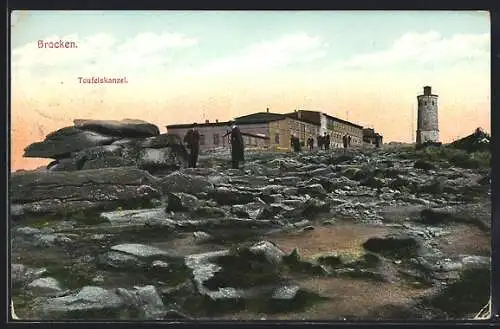 AK Brocken, Ansicht der Teufelskanzel mit Hotel und Aussichtsturm