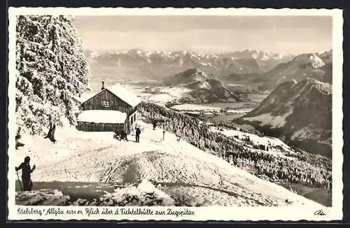 AK Edelsberg /Allgäu, Blick über d. Fichtelhütte zur Zugspitze