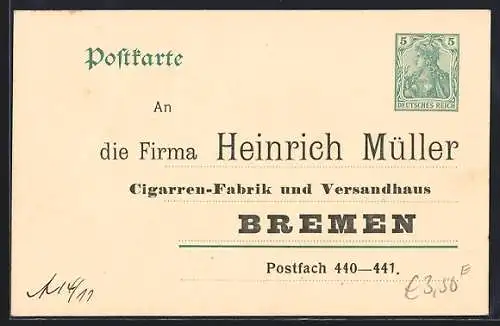 AK Bremen, Geschäftskarte der Firma Heinrich Müller, Cigarren-Fabrik und Versandhaus