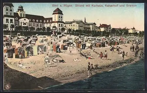 AK Binz a. Rügen, Strand mit Hotel Kaiserhof, Kurhaus und Gramm