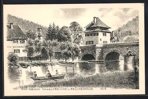 Künstler-AK Hirsau, Nagoldbrücke und Brückenhaus