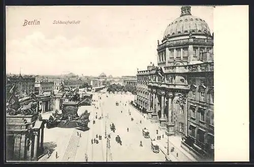 AK Berlin, Schlossfreiheit mit Denkmal und Strassenbahn