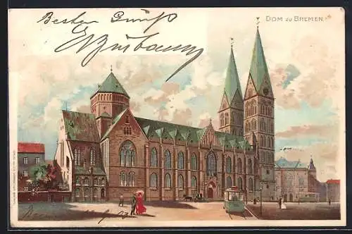 Lithographie Bremen, Dom mit Strassenbahnen