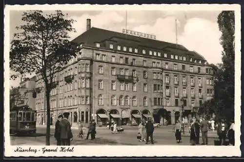 AK Nürnberg, Grand Hotel mit Strassenbahn