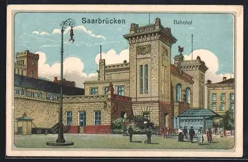 Lithographie Saarbrücken, Laterne vor dem Bahnhof