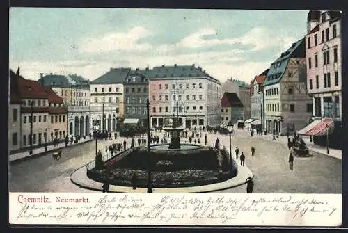 AK Chemnitz, Strasse am Neumarkt mit Brunnen