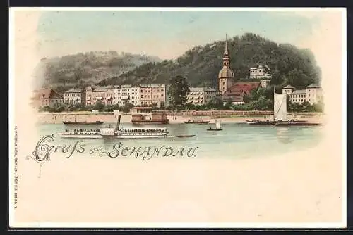 Lithographie Bad Schandau, Dampfer Pillnitz und Blick zum Ort, beleuchtete Fenster