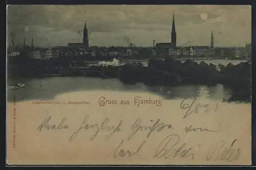 Mondschein-AK Hamburg-Neustadt, Lombardsbrücke und Binnenalster