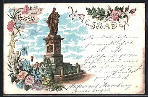 Lithographie Wiesbaden, Kaiser Friedrich-Denkmal mit Eichenlaub und Blumenschmuck