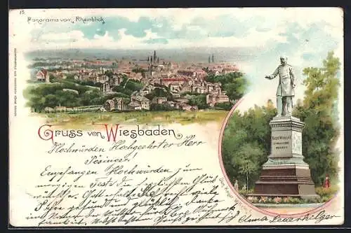 Lithographie Wiesbaden, Panorama vom Gasthaus Rheinblick, Denkmal Kaiser Wilhelm I.