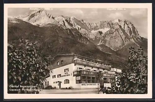 AK Garmisch-Partenkirchen, Gasthof Hotel Bayernstüberl mit Alpspitze und Zugspitze